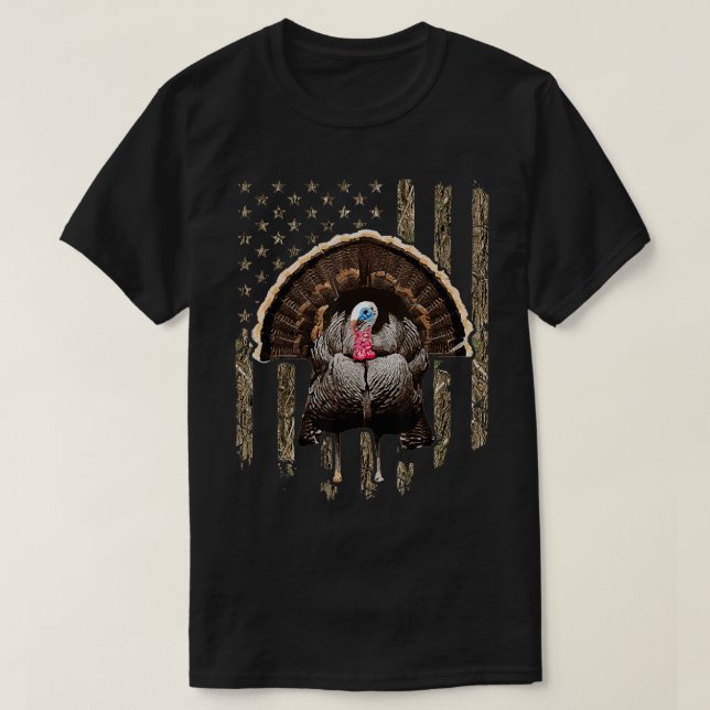 Turkey Hunting American Flag Tree Camoue Turkey Hu T-Shirt (Design Front)