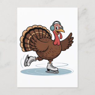 Turkey Ice Skating Thanksgiving Gobbler Announcement Postcard