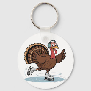 Turkey Ice Skating Thanksgiving Gobbler Keychain