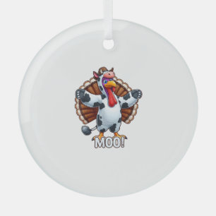 Turkey In Cow Costume, Moo Funny Thanksgiving _3 Glass Ornament