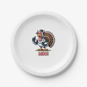 Turkey In Cow Costume, Moo Funny Thanksgiving  Paper Plate