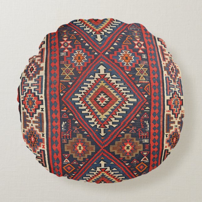 Turkey Kilim Aztec Red Blue Tan  Round Pillow (Front)