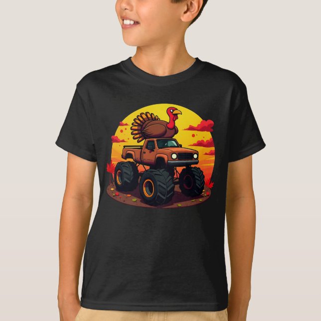 Turkey Monster Truck Sunset Retro Thanksgiving  T-Shirt (Front)