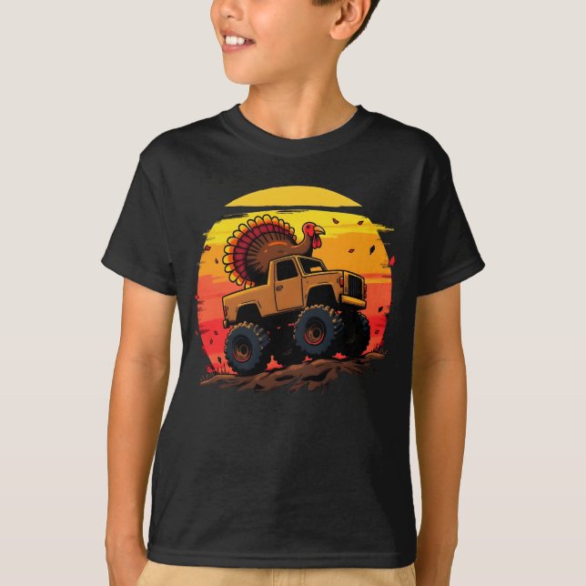 Turkey Monster Truck Sunset Retro Thanksgiving  T-Shirt (Front)