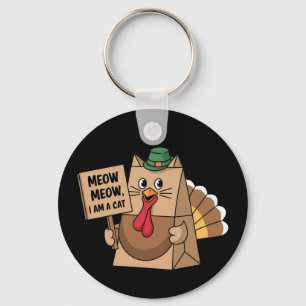 Turkey Paper Bag Meow Funny Thanksgiving Cat  Keychain