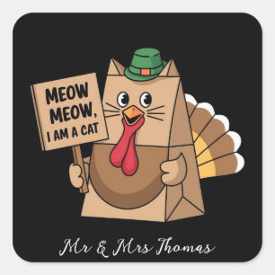 Turkey Paper Bag Meow Funny Thanksgiving Cat Square Sticker