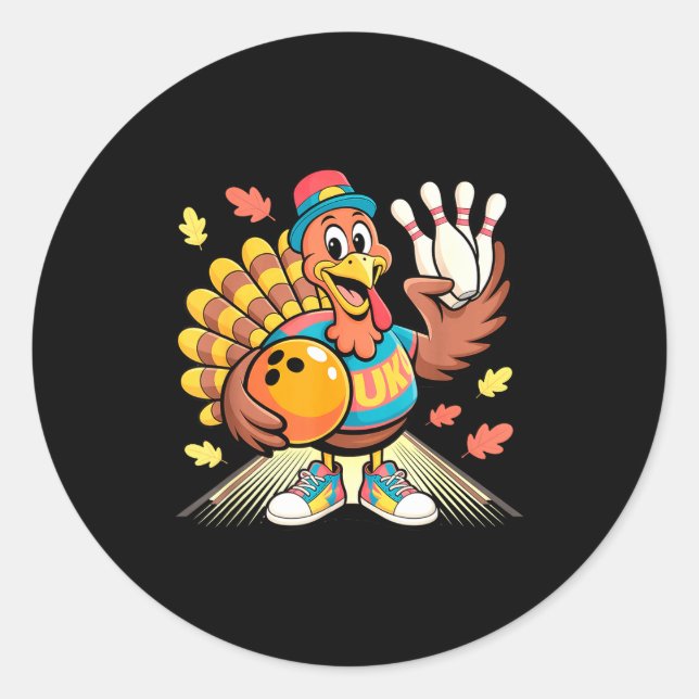 Turkey Playing Bowling Thanksgiving Turkey Tail Bo Classic Round Sticker (Front)