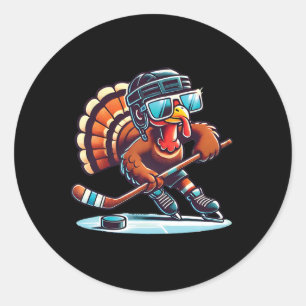 Turkey Playing Ice Hockey Happy Thanksgiving Boys Classic Round Sticker
