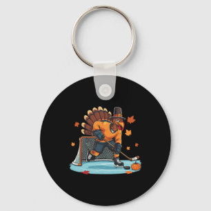 Turkey Playing Ice Hockey Thanksgiving Hockey Play Keychain