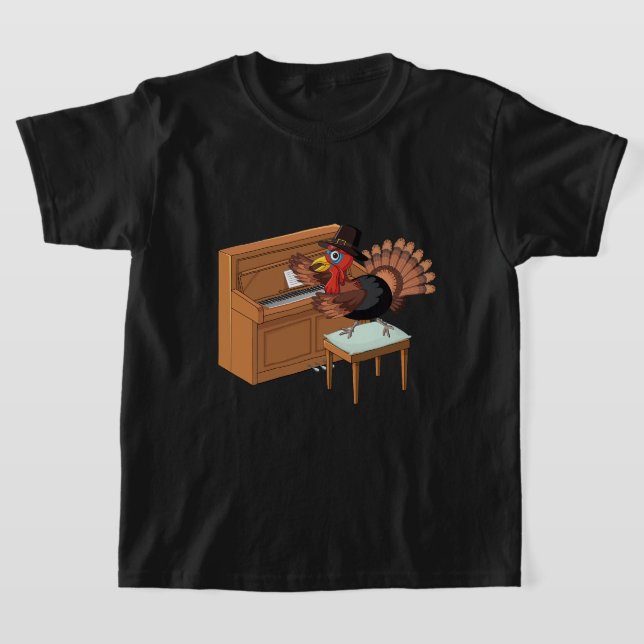 Turkey Playing Piano Thanksgiving Day Funny Fall P T-Shirt (Laydown)