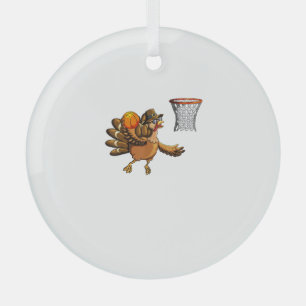 Turkey Plays Basketball Basketball Hoop Thanksgivi Glass Ornament