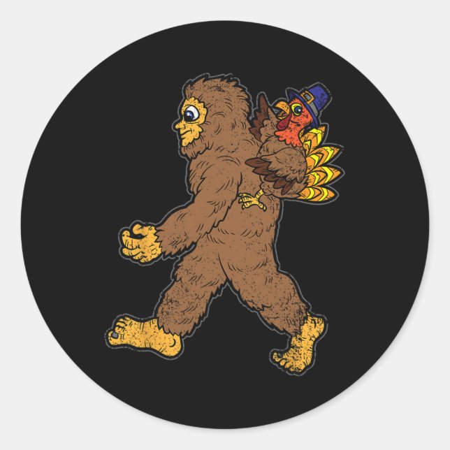 Turkey Riding Bigfoot Thanksgiving Day Funny Sasqu Classic Round Sticker (Front)