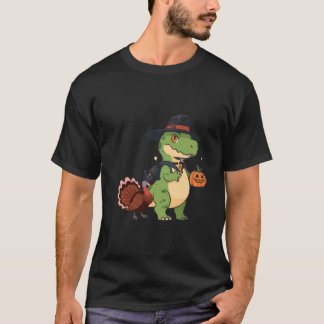 Turkey Riding Dinosaur T rex Boys Kids Funny Thank T-Shirt