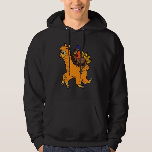 Turkey Riding Llama Thanksgiving Day Animal Fall A Hoodie (Front)