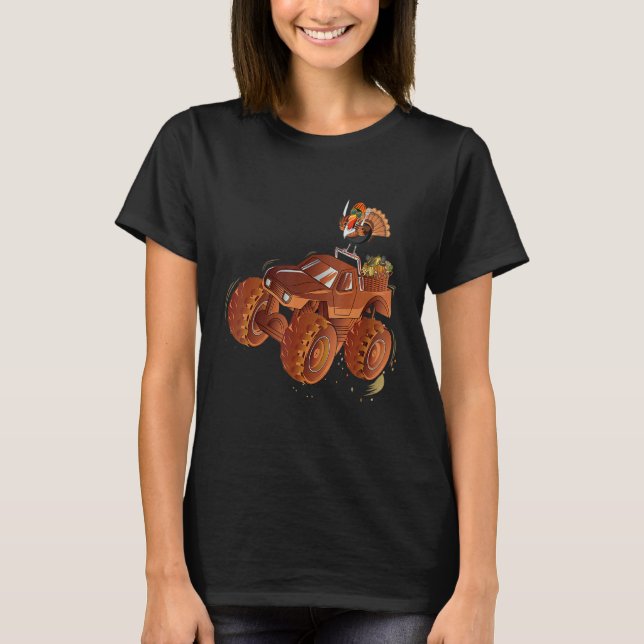 Turkey Riding Monster Truck Thanksgiving Pilgrim B T-Shirt (Front)