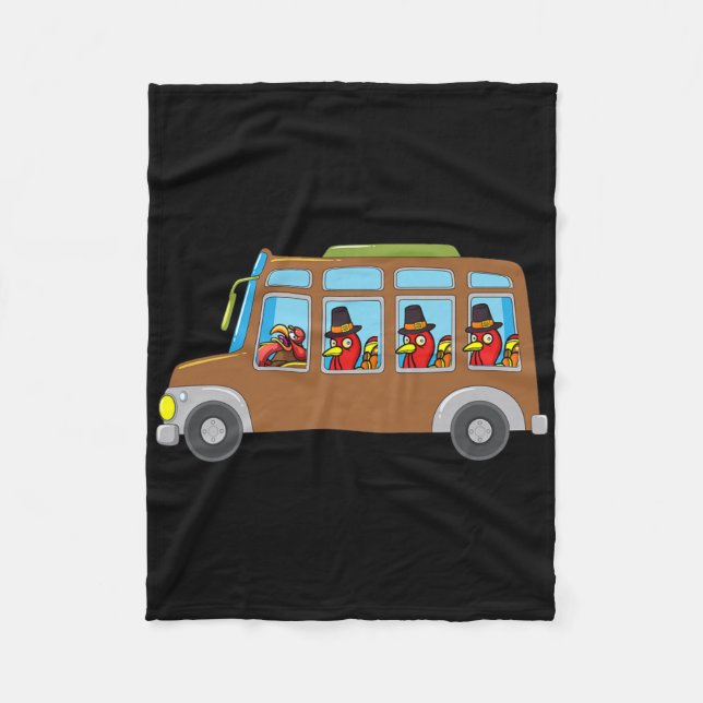 Turkey Riding School Bus Thanksgiving Day Funny Fa Fleece Blanket (Front)