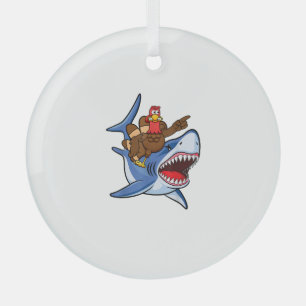 Turkey Riding Shark Thanksgiving Gift For Kids Boy Glass Ornament