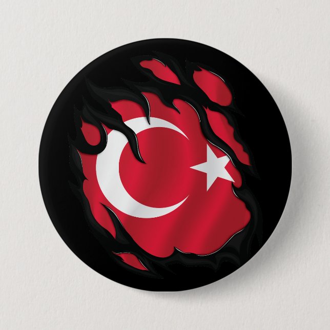 Turkey Ripped Flag 3 Inch Round Button (Front)