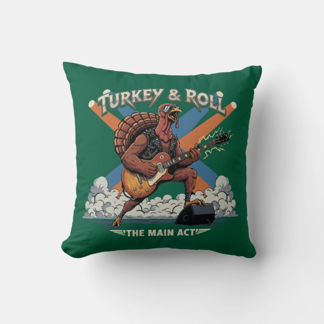  Turkey & Roll Funny Thanksgiving Rocker Guitar Throw Pillow (Front)