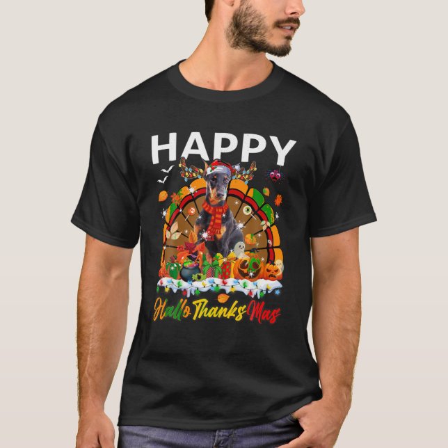 Turkey Santa Doberman Dog Pumpkins Happy HalloThan T-Shirt (Front)