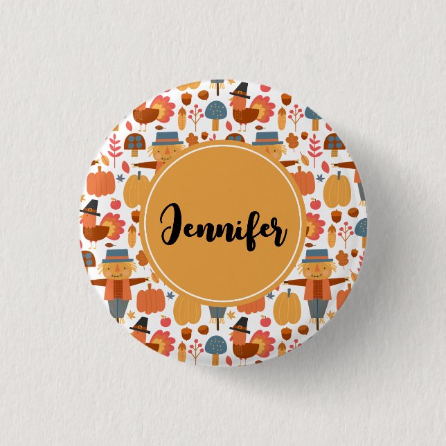Turkey & Scarecrow Thanksgiving Pattern 1 Inch Round Button (Front)
