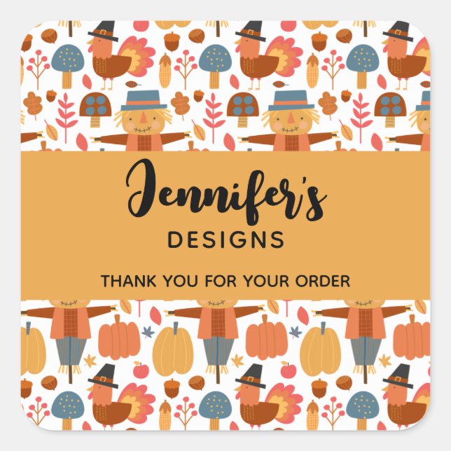 Turkey & Scarecrow Thanksgiving Pattern Business Square Sticker (Front)