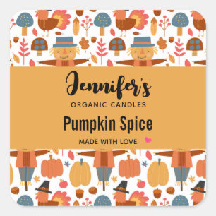 Turkey & Scarecrow Thanksgiving Pattern Candle Square Sticker