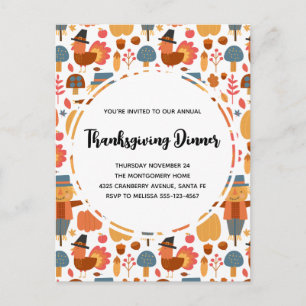 Turkey & Scarecrow Thanksgiving Pattern Invitation Postcard