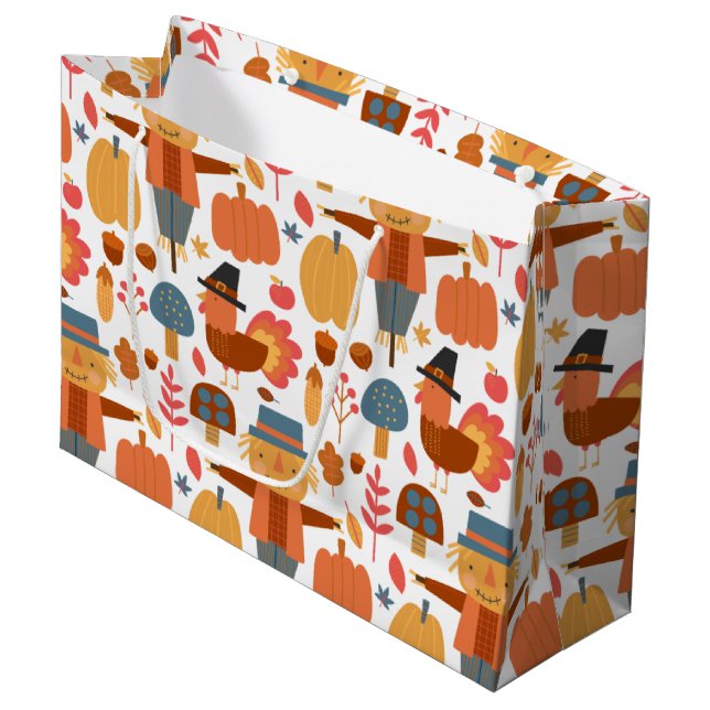 Turkey & Scarecrow Thanksgiving Pattern Large Gift Bag (Front Angled)