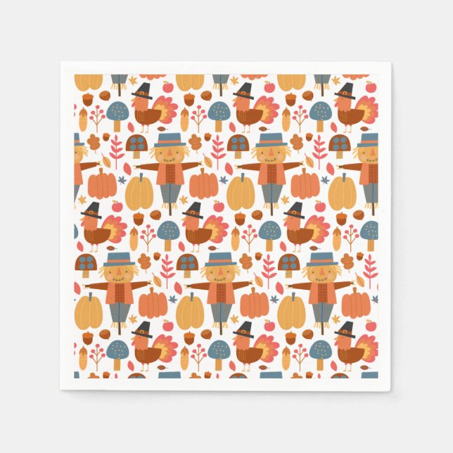 Turkey & Scarecrow Thanksgiving Pattern Napkin (Front)