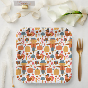 Turkey & Scarecrow Thanksgiving Pattern Paper Plate