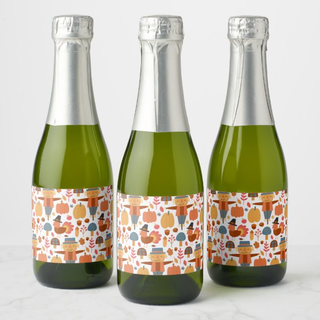Turkey & Scarecrow Thanksgiving Pattern Sparkling Wine Label (Bottles)