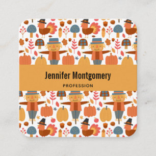 Turkey & Scarecrow Thanksgiving Pattern Square Business Card