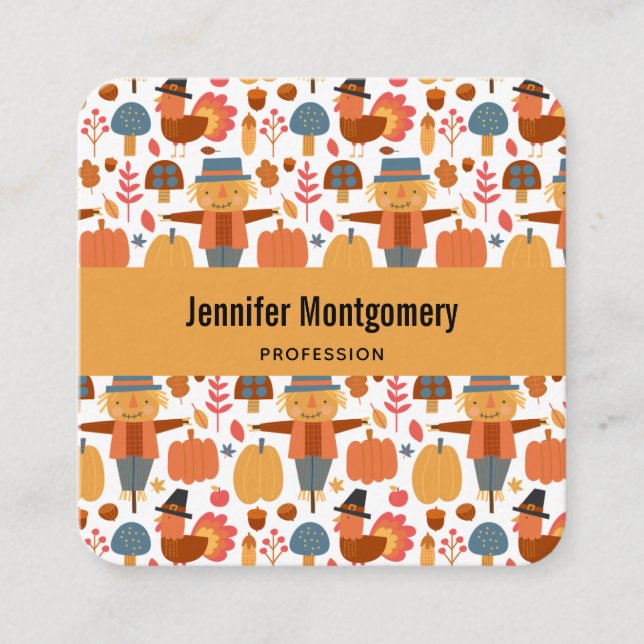 Turkey & Scarecrow Thanksgiving Pattern Square Business Card (Front)
