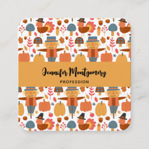 Turkey & Scarecrow Thanksgiving Pattern Square Business Card