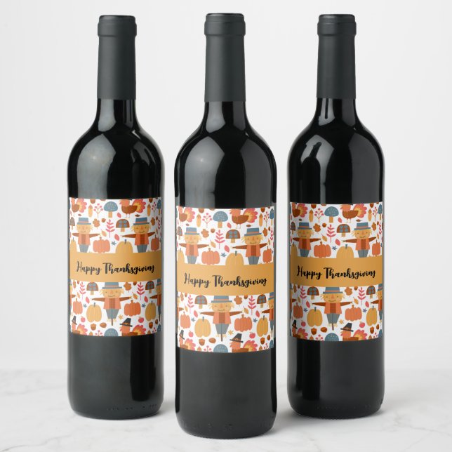Turkey & Scarecrow Thanksgiving Pattern Wine Label (Bottles)