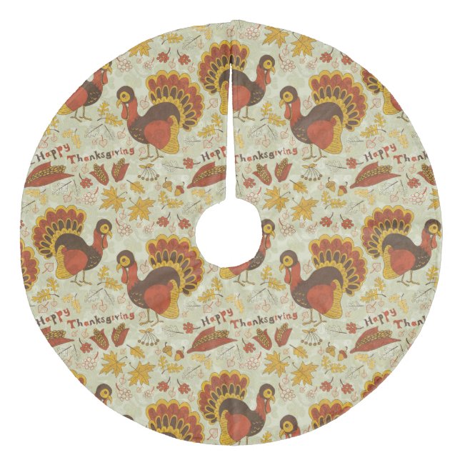 Turkey Thanksgiving Fall Autumn Pattern Fleece Tree Skirt (Front)