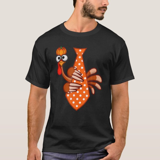 Turkey Tie Pumpkin Dots Necktie Funny Thanksgiving T-Shirt (Front)