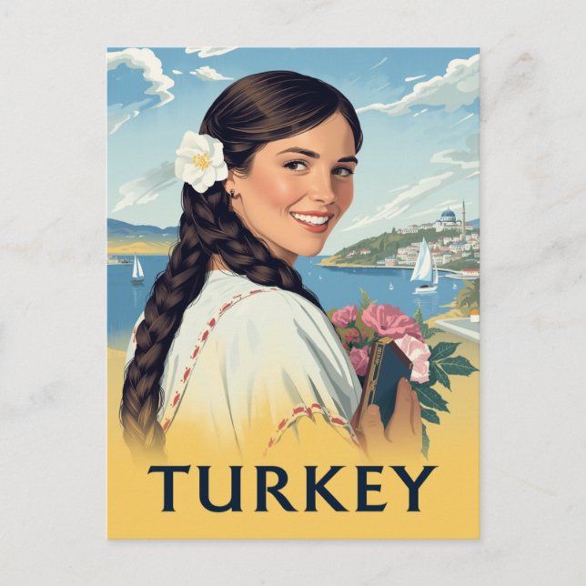 Turkey Travel Poster Smiling Woman and Coastal Postcard (Front)