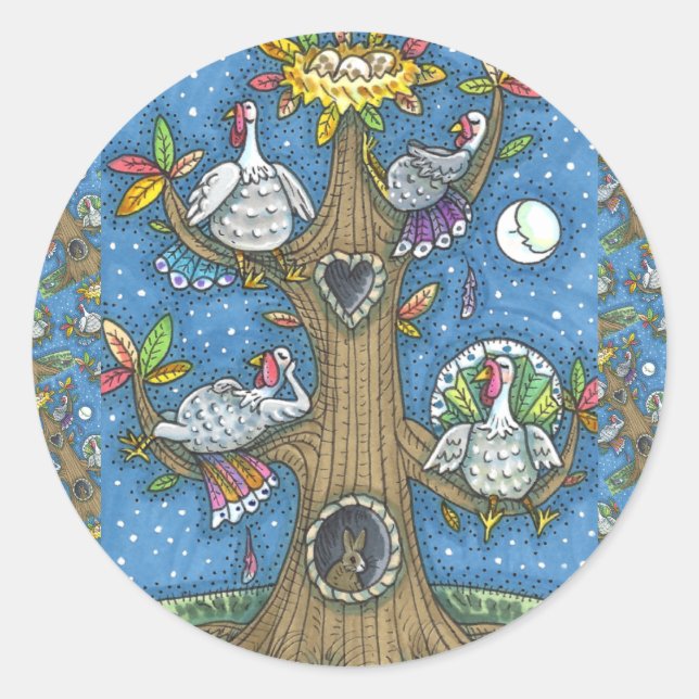 TURKEY TREE, THANKSGIVING FUNNY GOBBLERS ROOSTING CLASSIC ROUND STICKER (Front)