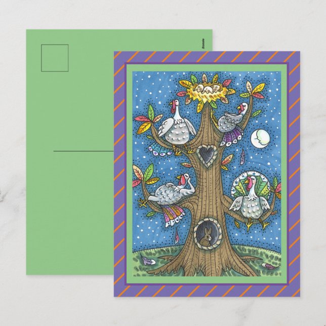TURKEY TREE, THANKSGIVING FUNNY GOBBLERS ROOSTING HOLIDAY POSTCARD (Front/Back)