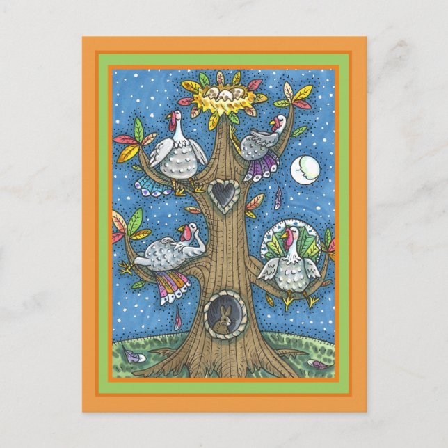 TURKEY TREE, THANKSGIVING FUNNY GOBBLERS ROOSTING HOLIDAY POSTCARD (Front)