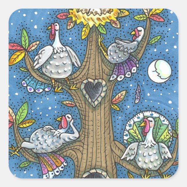 TURKEY TREE, THANKSGIVING FUNNY GOBBLERS ROOSTING SQUARE STICKER (Front)