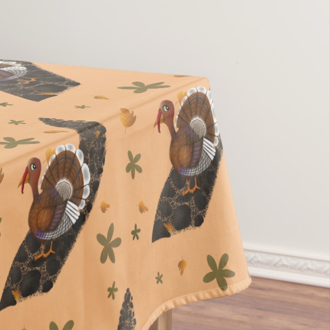 Turkey trotting down stone path with flowers tablecloth (In Situ)