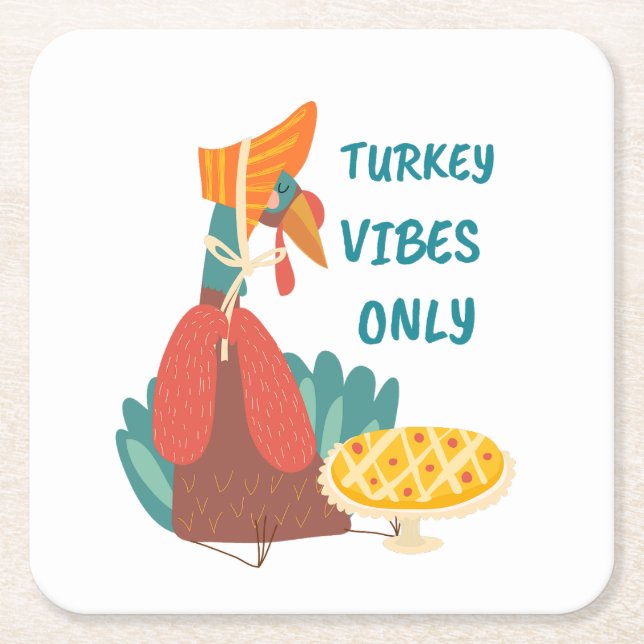 Turkey Vibes Only Paper Plate Square Paper Coaster (Front)
