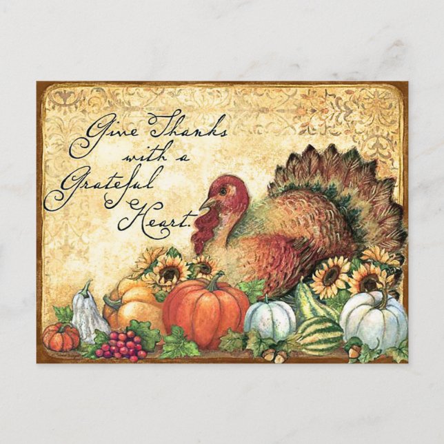 Turkey with Autumn fruits, vintage thanksgiving Postcard (Front)