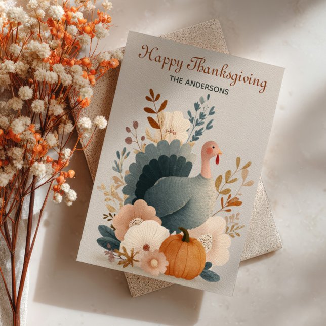 Turkey with Fall Foliage Happy Thanksgiving Pastel Holiday Card (Creator Uploaded)