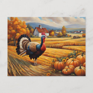 Turkey with Pumpkins in the Autumn Field  Holiday Postcard