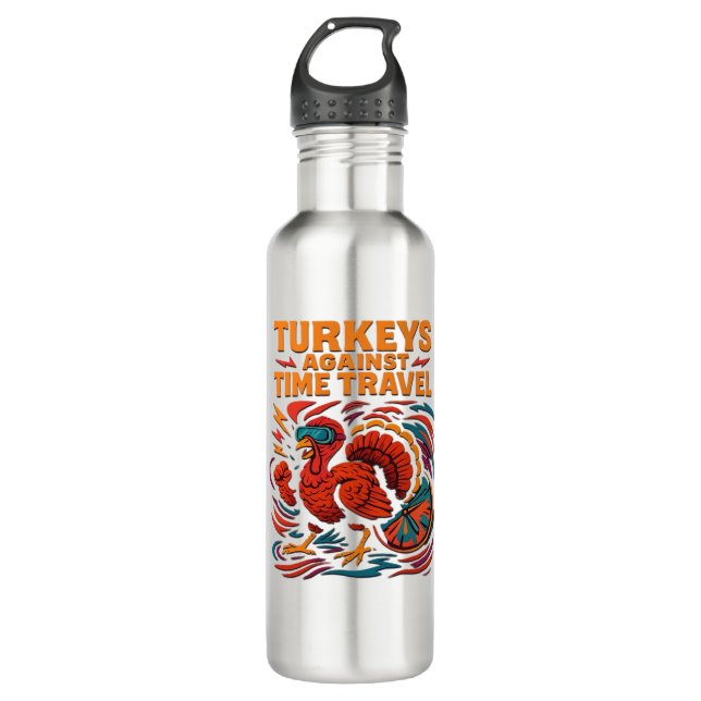 Turkeys Against Time Travel – Funny Retro Turkey D 710 Ml Water Bottle (Front)