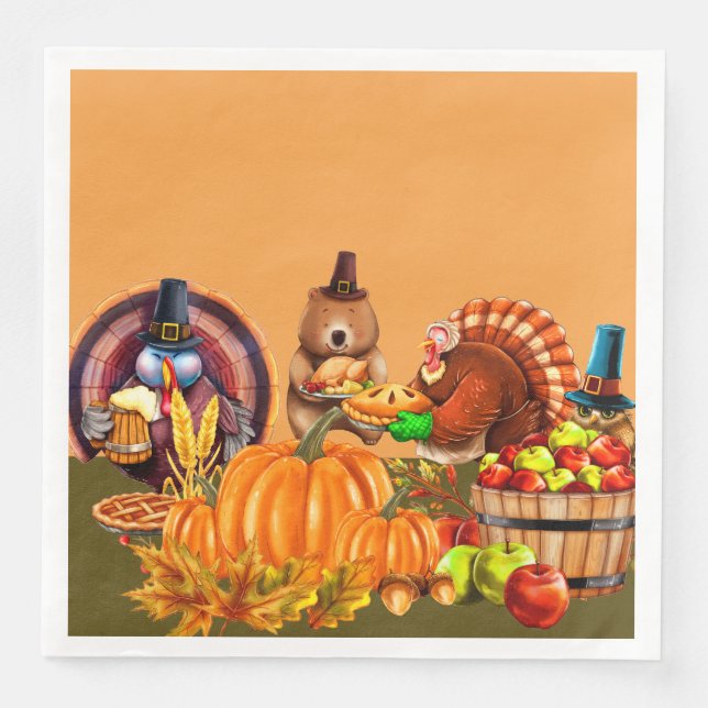 Turkeys and Bear Thanksgiving Bounty Napkin (Front)